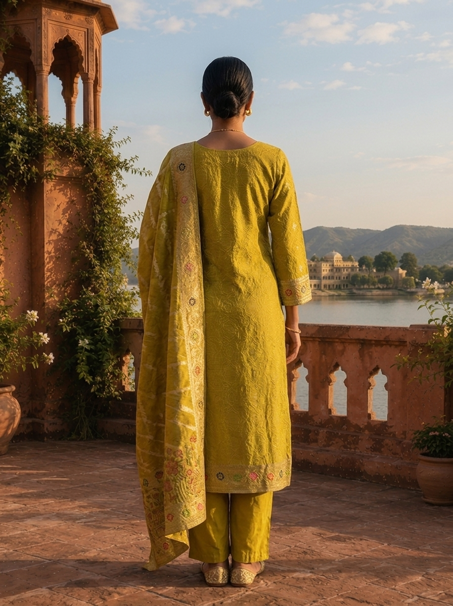 Variyali Green Silk Botanical Garden Motifs Weaved Three Piece Set