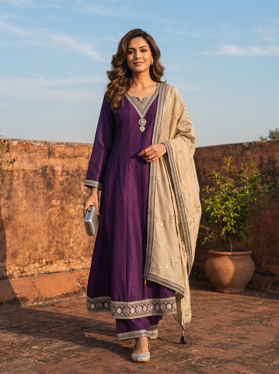 Purple Vichitra Silk Geometric Zari Embroidery Three Piece Set