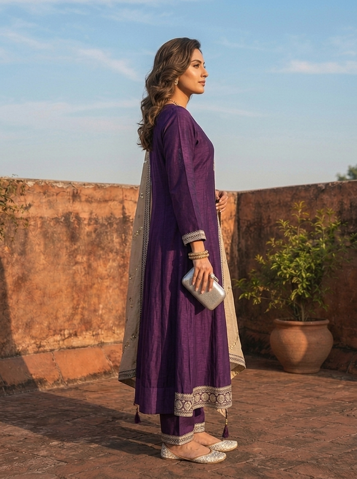 Purple Vichitra Silk Geometric Zari Embroidery Three Piece Set