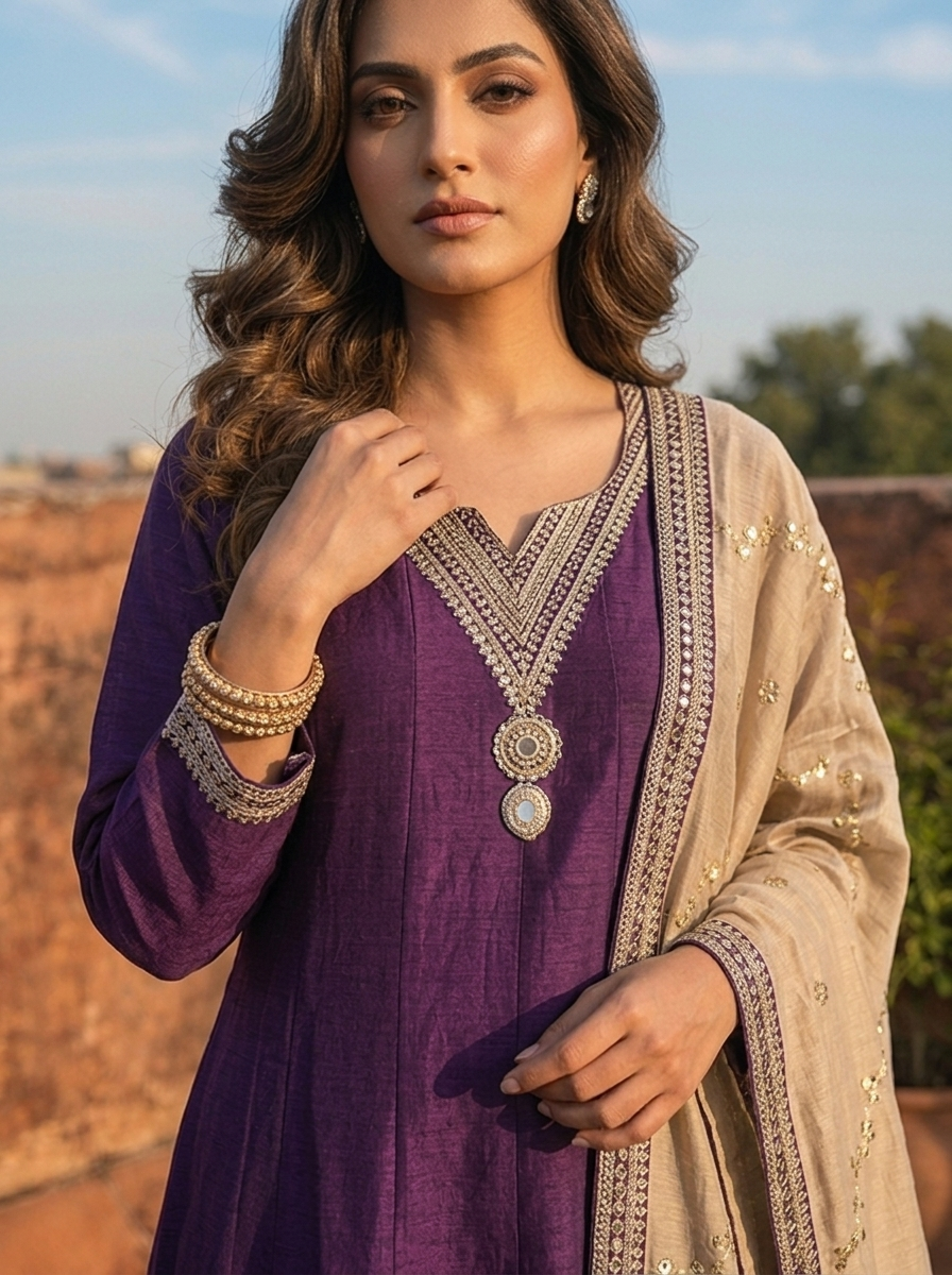 Purple Vichitra Silk Geometric Zari Embroidery Three Piece Set