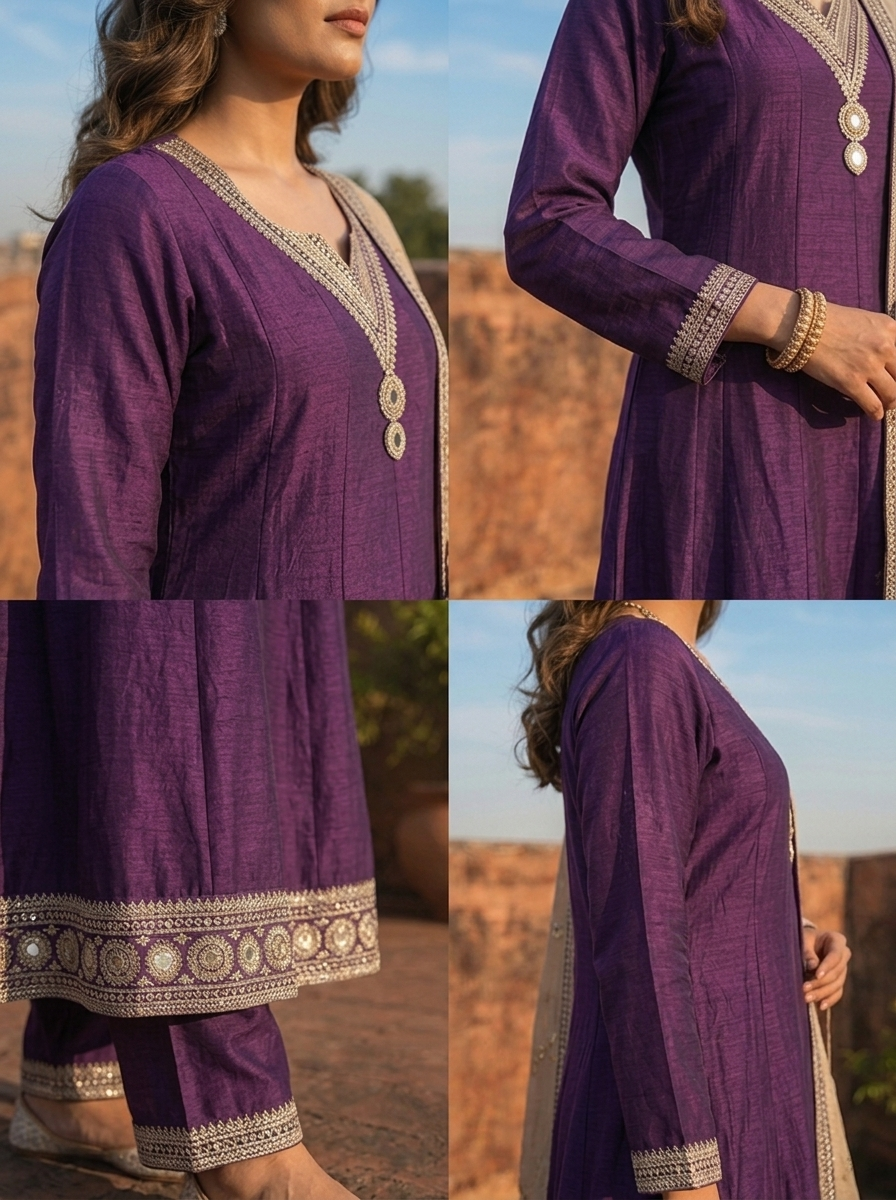 Purple Vichitra Silk Geometric Zari Embroidery Three Piece Set