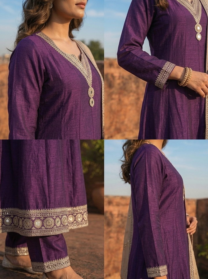 Purple Vichitra Silk Geometric Zari Embroidery Three Piece Set