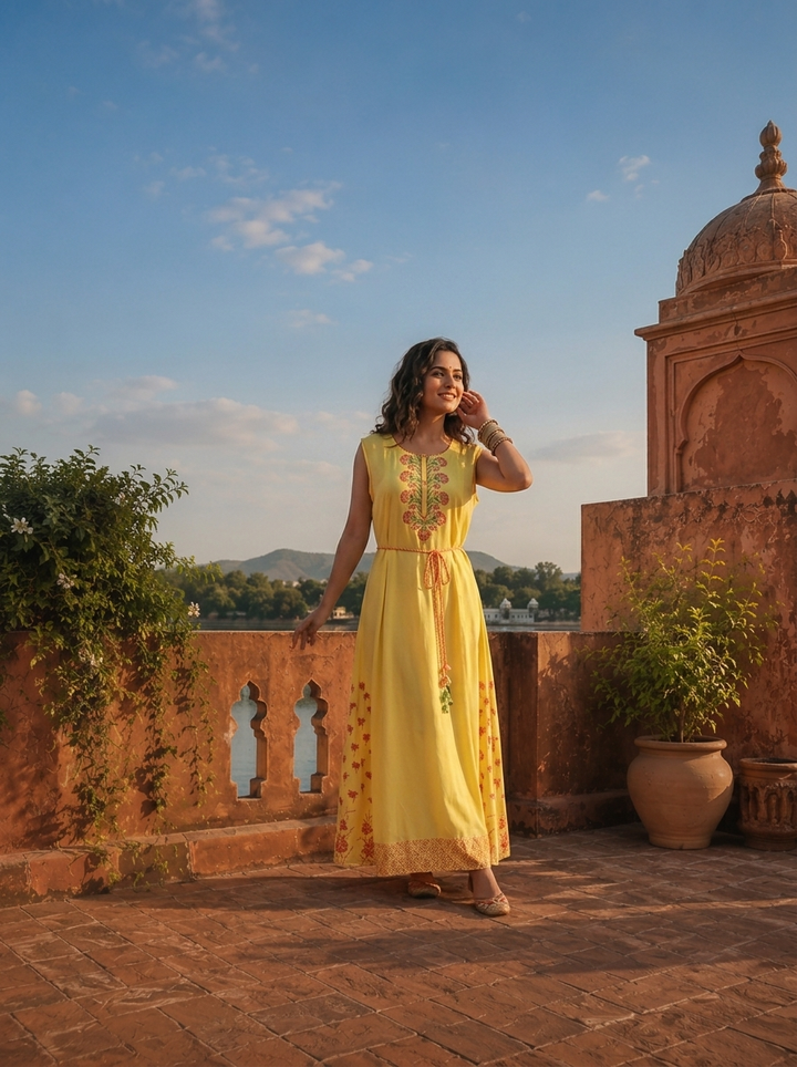 Yellow Rayon Floral Thread Embroidered Long Dress