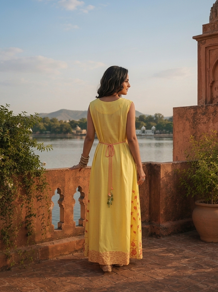 Yellow Rayon Floral Thread Embroidered Long Dress