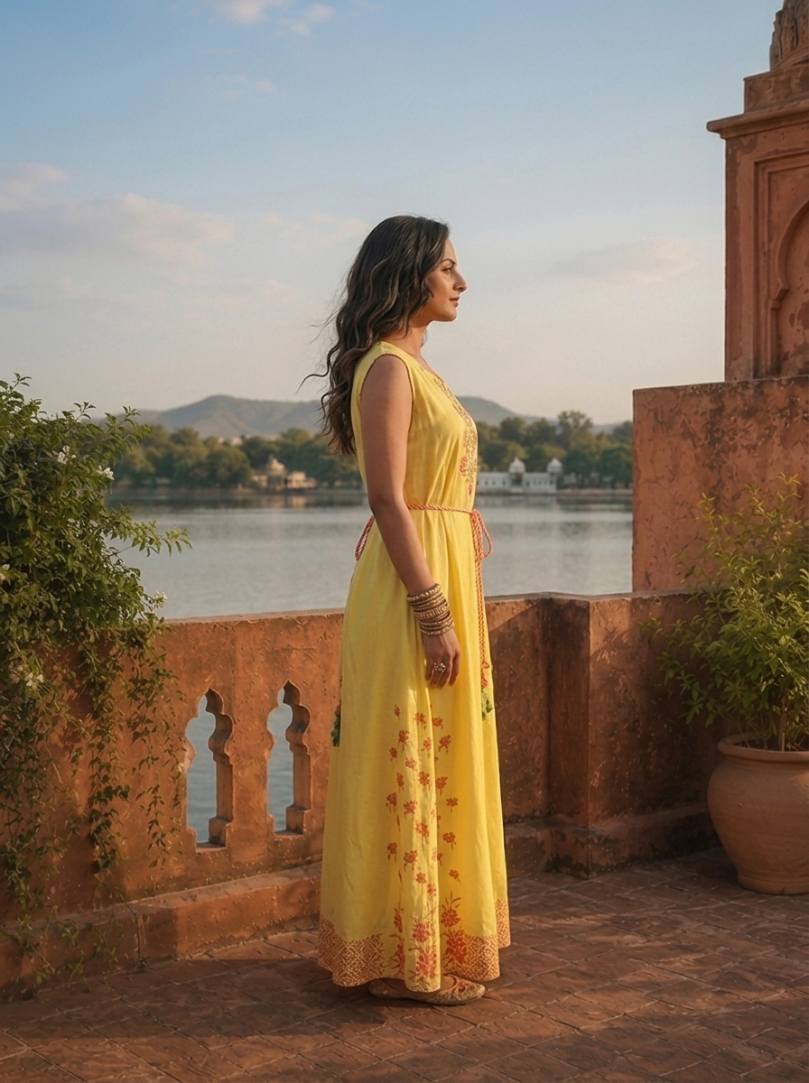 Yellow Rayon Floral Thread Embroidered Long Dress