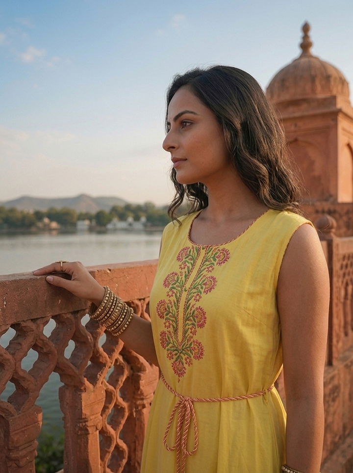 Yellow Rayon Floral Thread Embroidered Long Dress