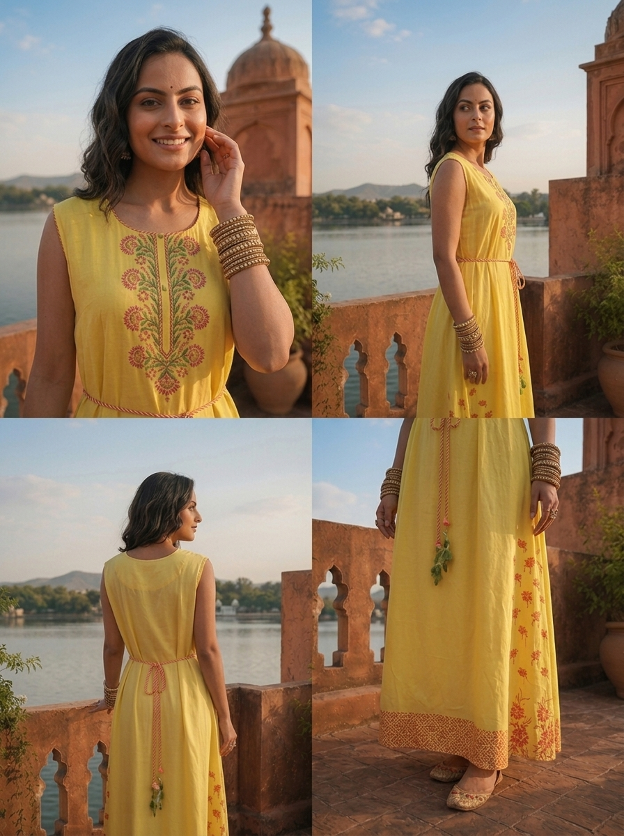 Yellow Rayon Floral Thread Embroidered Long Dress