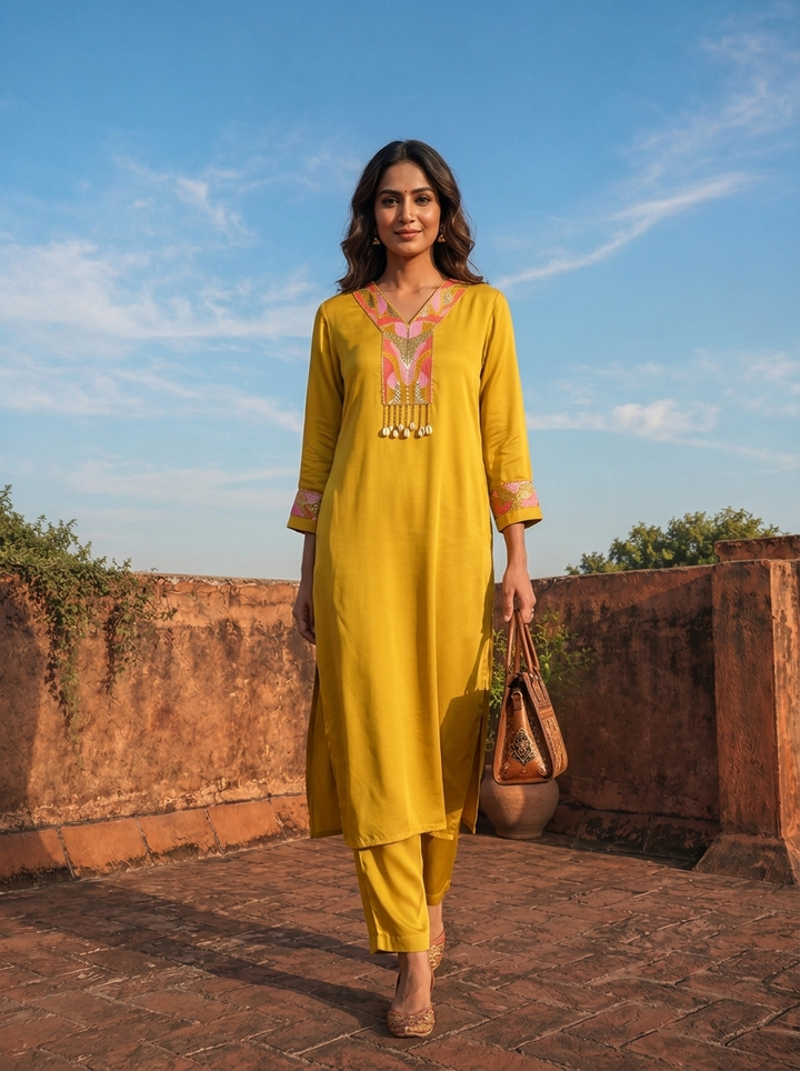 Mustard Rayon Sequins  And Thread Embroidered Two Piece Set