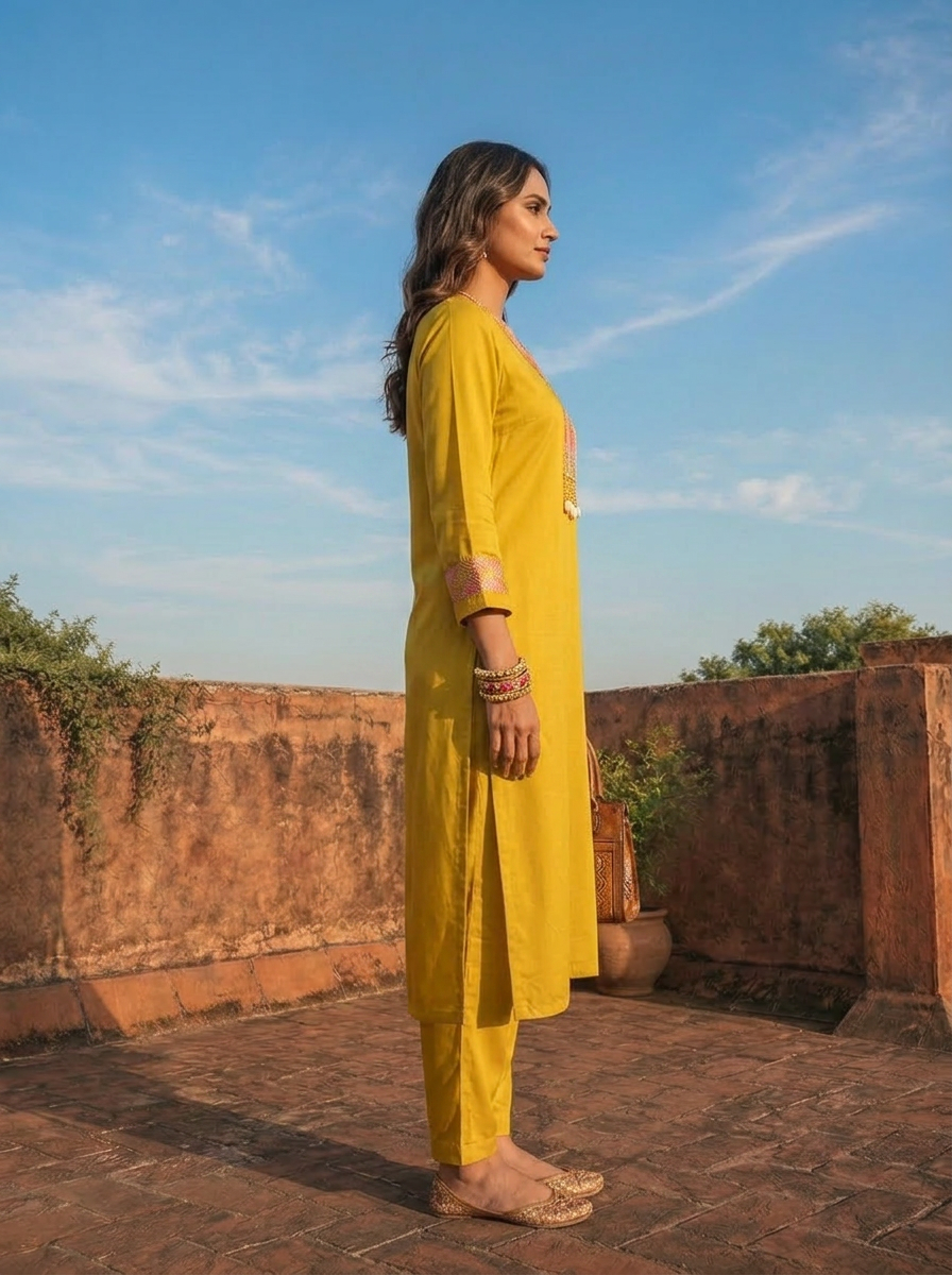Mustard Rayon Sequins  And Thread Embroidered Two Piece Set