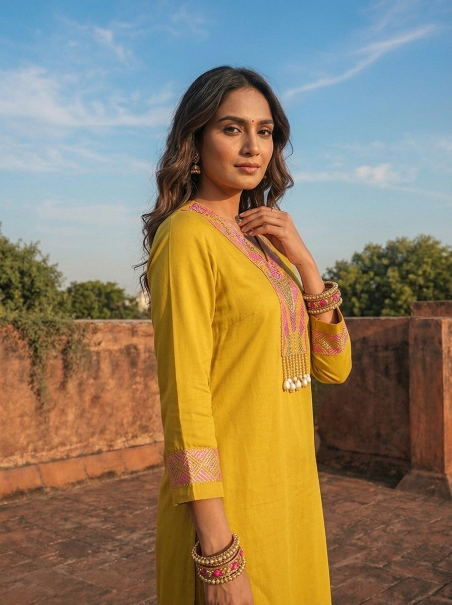 Mustard Rayon Sequins  And Thread Embroidered Two Piece Set