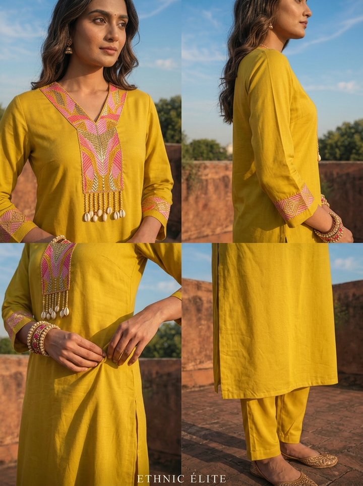 Mustard Rayon Sequins  And Thread Embroidered Two Piece Set