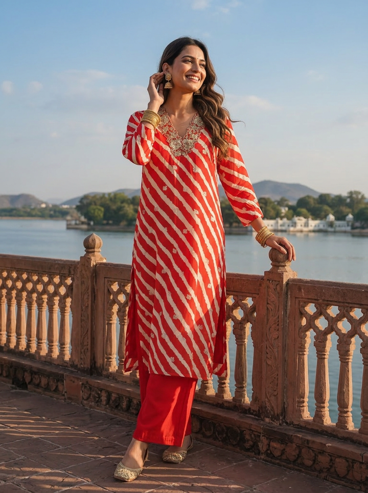 Red Muslin Floral Zari Embroidery And Leheriya Printed Two Piece Set