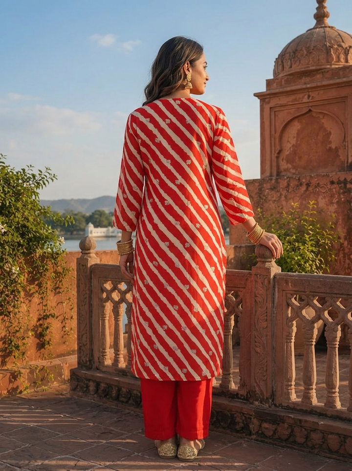 Red Muslin Floral Zari Embroidery And Leheriya Printed Two Piece Set