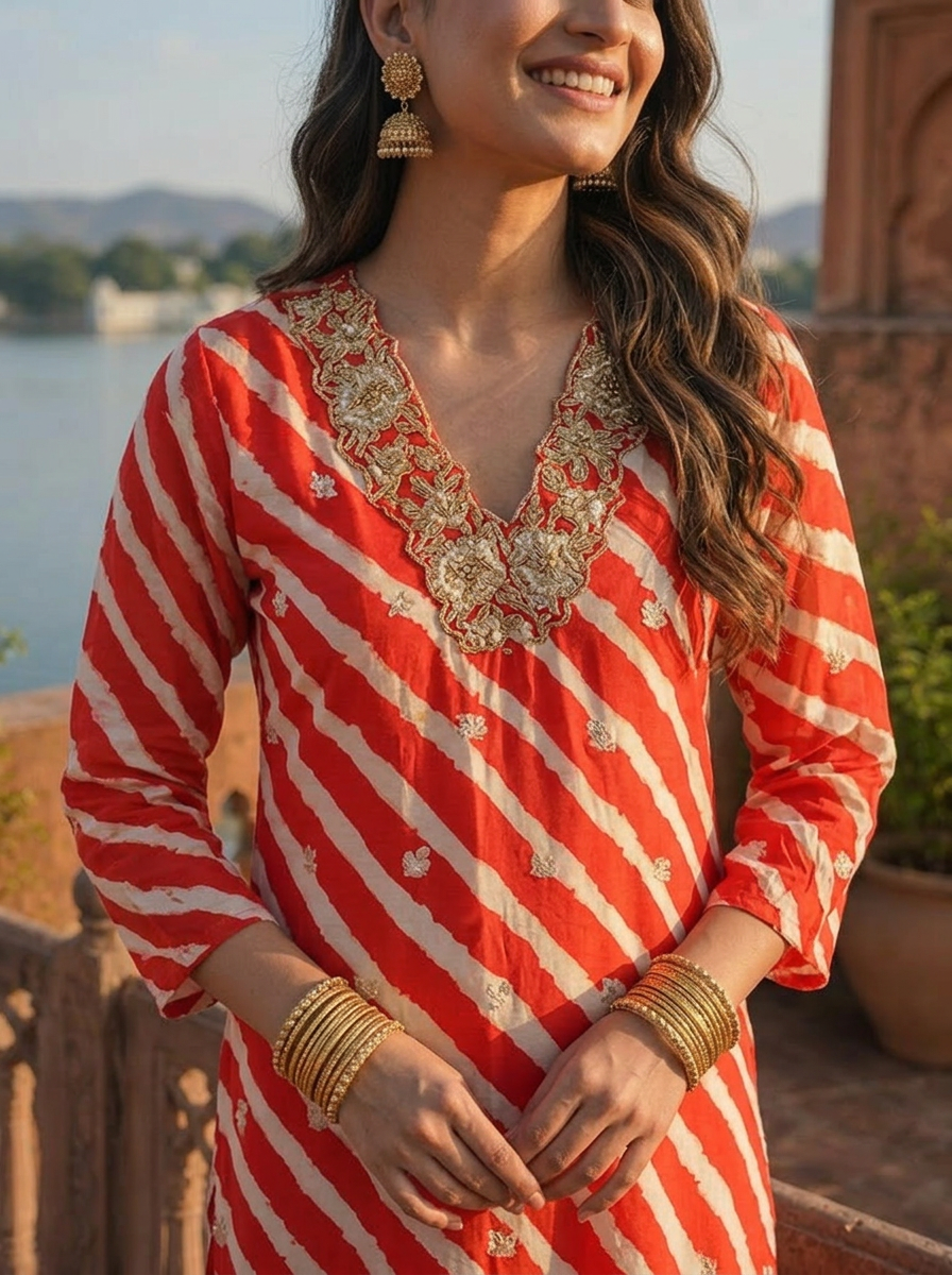 Red Muslin Floral Zari Embroidery And Leheriya Printed Two Piece Set