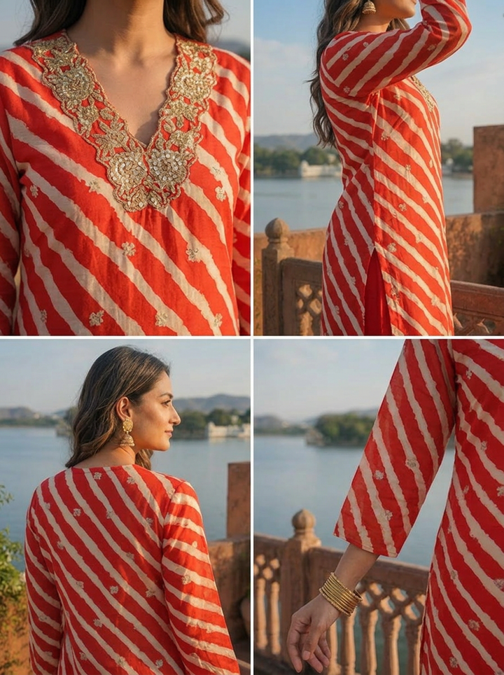 Red Muslin Floral Zari Embroidery And Leheriya Printed Two Piece Set