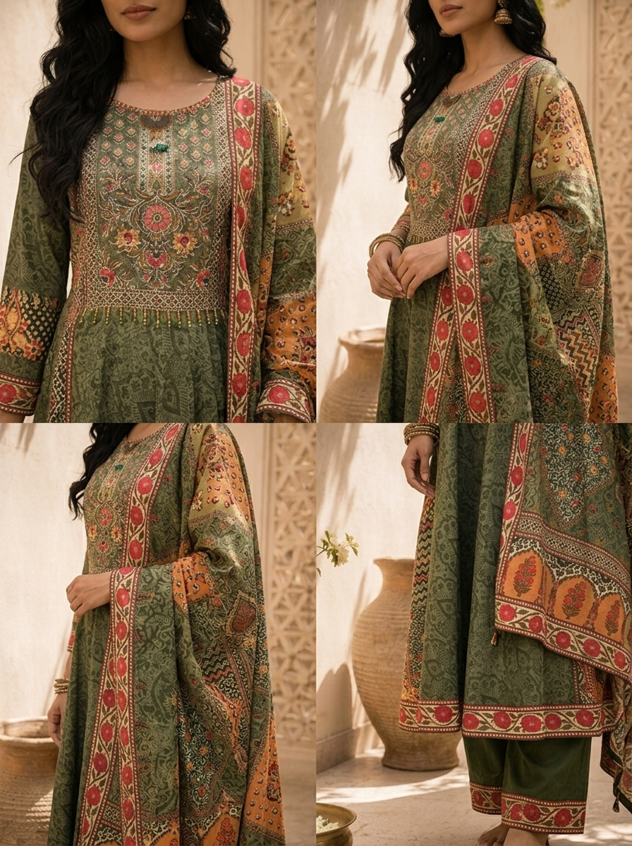 Olive Modal Mughal Jaal Printed Three Piece Set