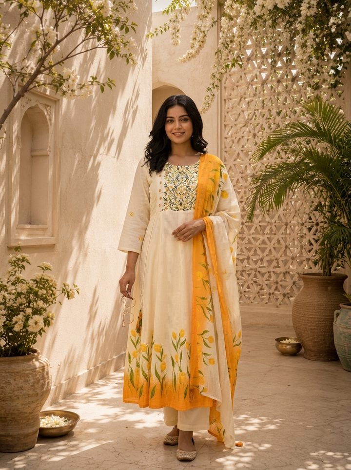 Mustard Cotton Tulip Floral Printed Three Piece Set