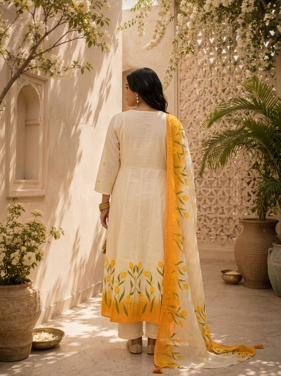 Mustard Cotton Tulip Floral Printed Three Piece Set