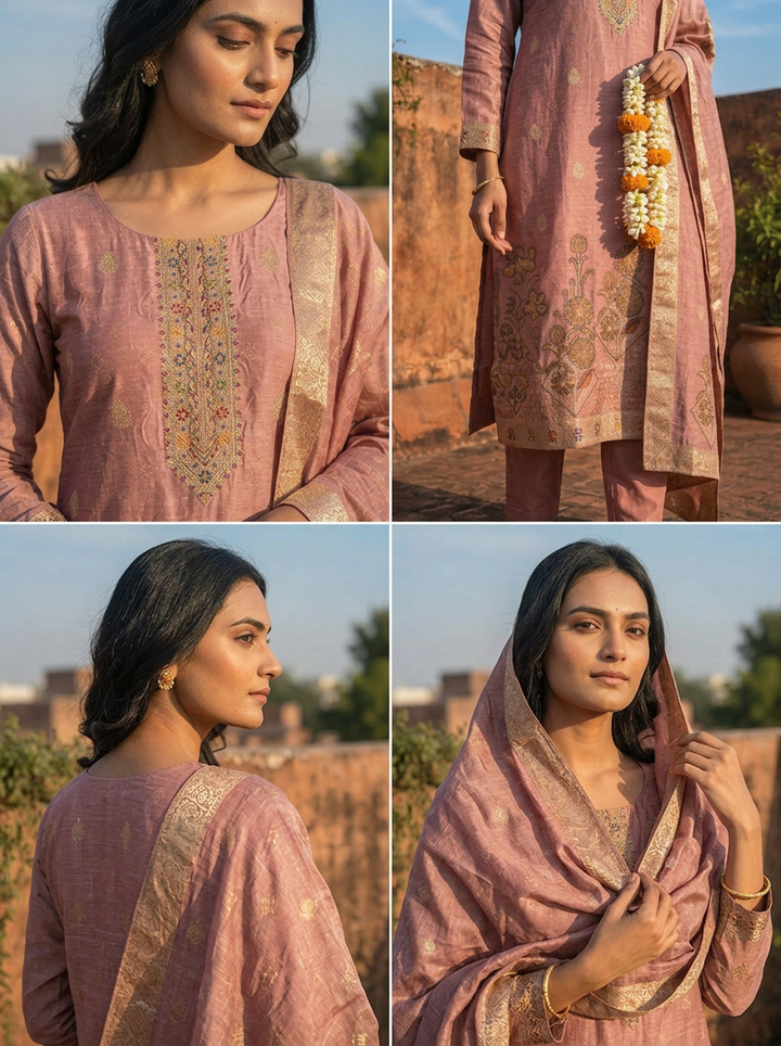 Onion Silk Zari Buta Weaved Three Piece Set