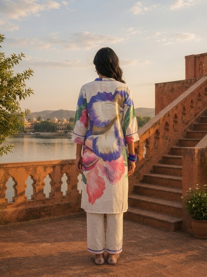 Blue Cotton Pansy Motifs Printed Two Piece Set