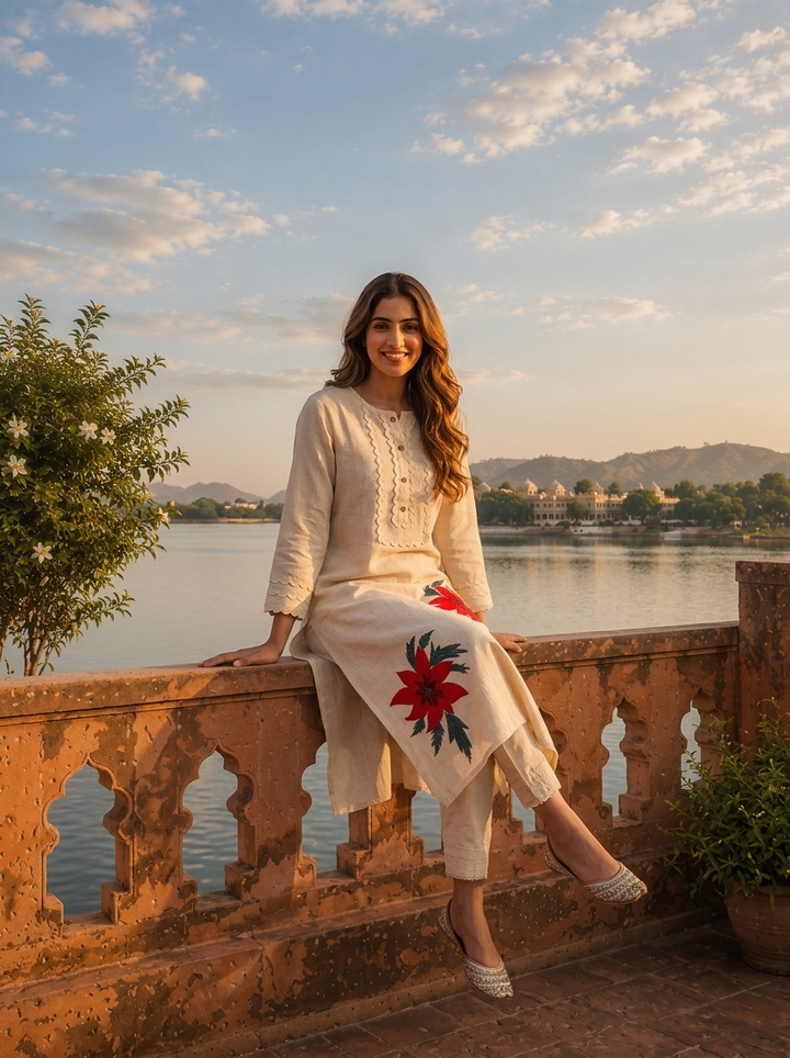 Ivory Red Cotton Poinsettia Embroidered Two Piece Set
