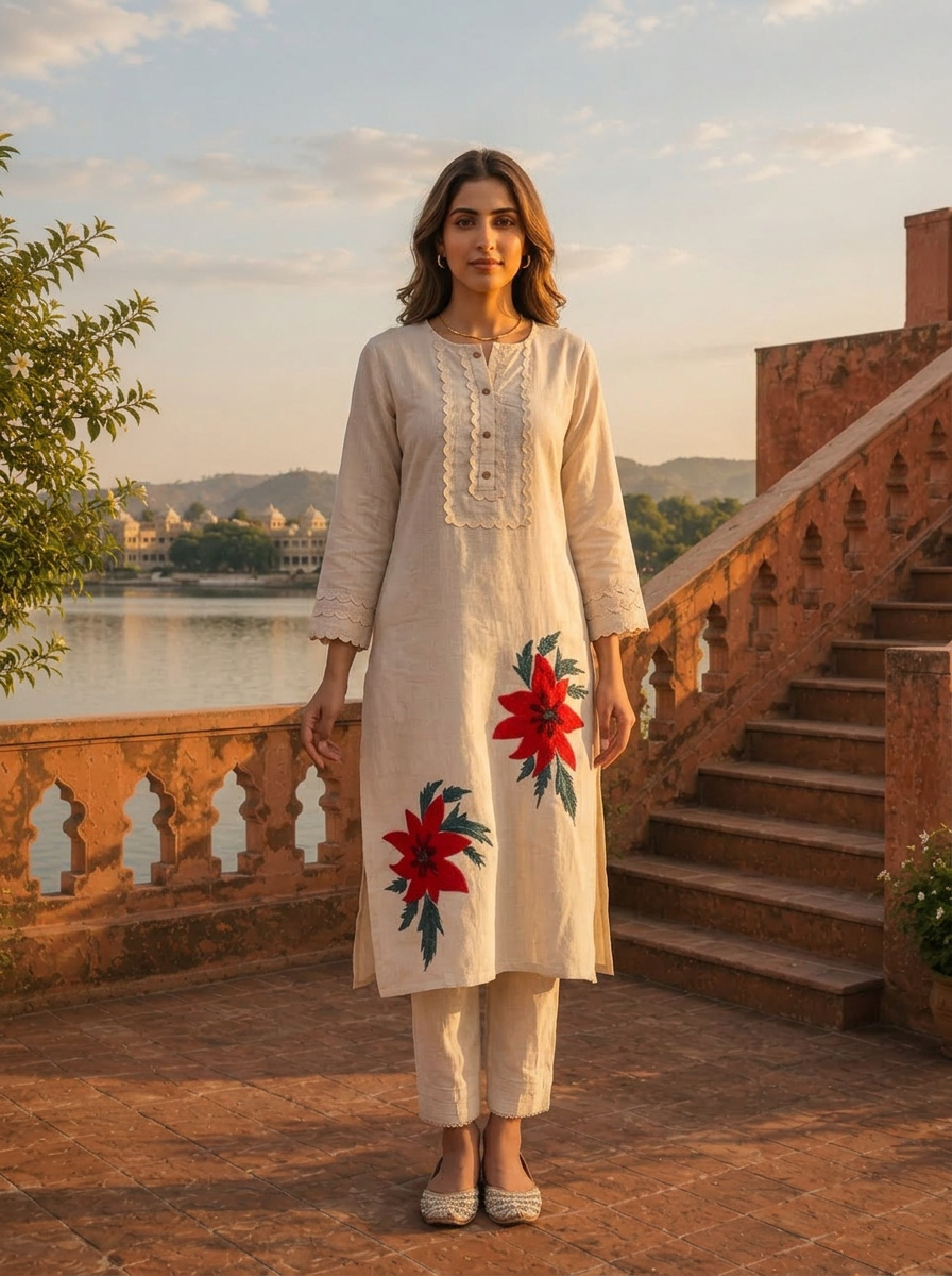 Ivory Red Cotton Poinsettia Embroidered Two Piece Set