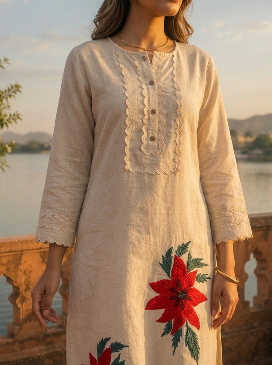 Ivory Red Cotton Poinsettia Embroidered Two Piece Set