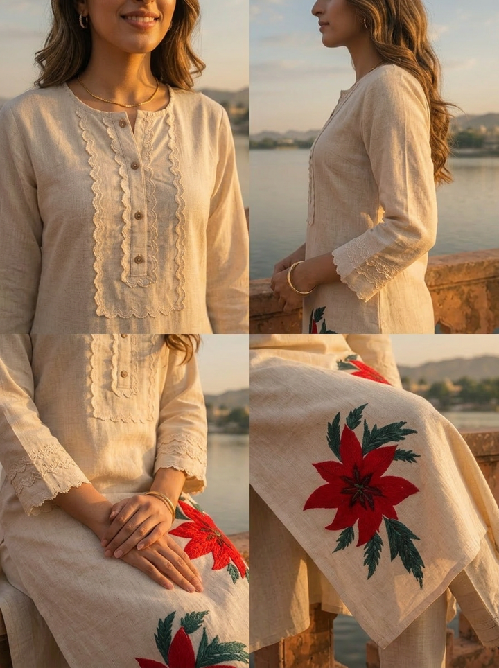 Ivory Red Cotton Poinsettia Embroidered Two Piece Set