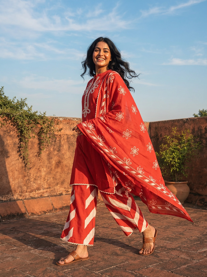 Red Cotton Dori Embroidered Three Piece Set