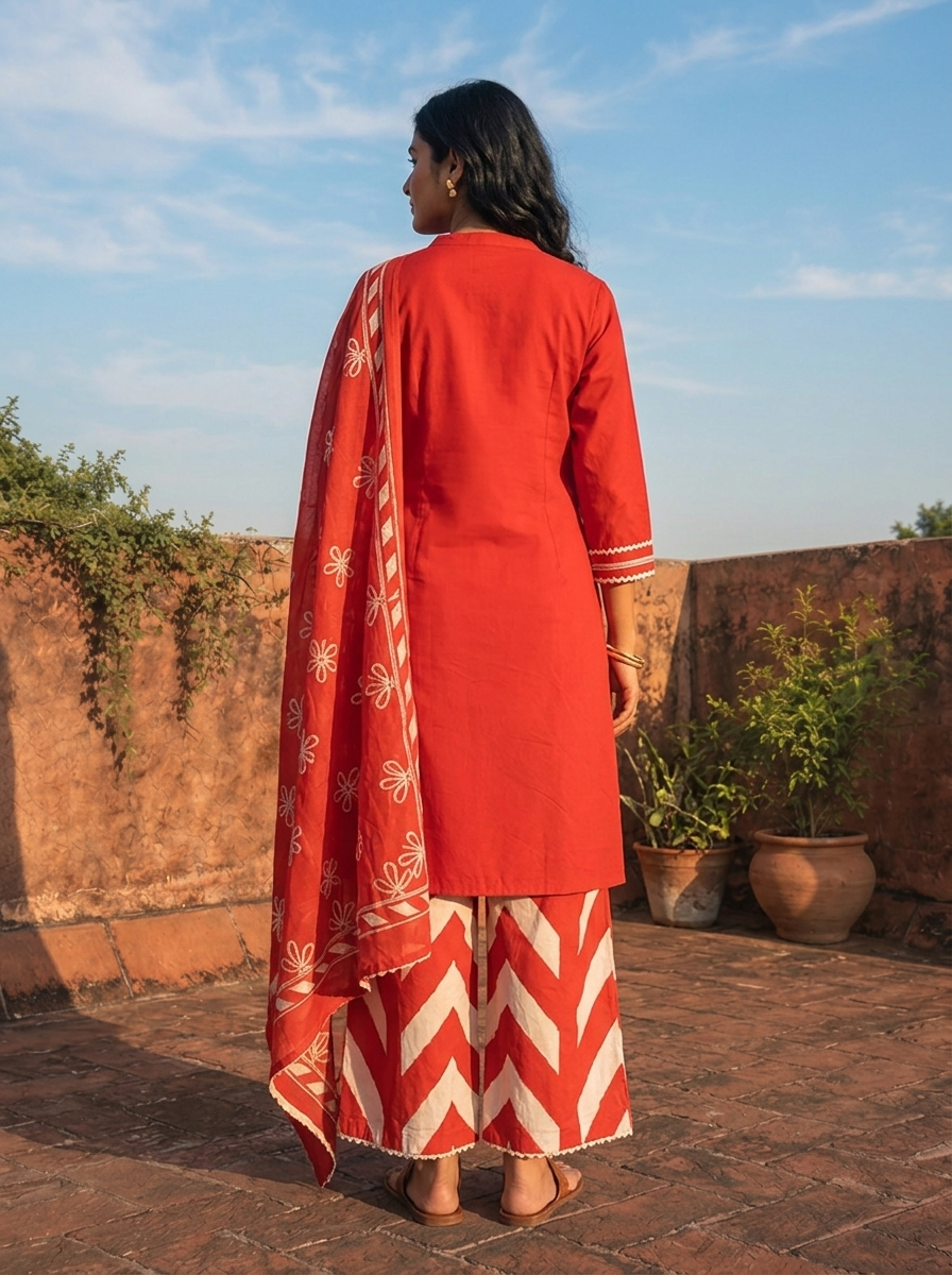 Red Cotton Dori Embroidered Three Piece Set