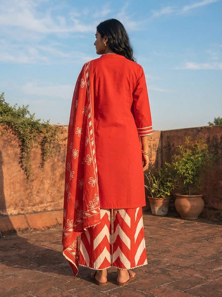 Red Cotton Dori Embroidered Three Piece Set