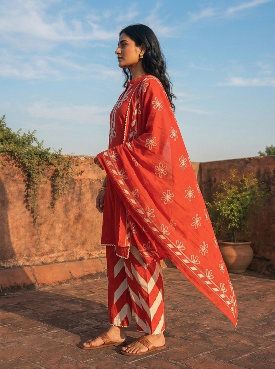 Red Cotton Dori Embroidered Three Piece Set