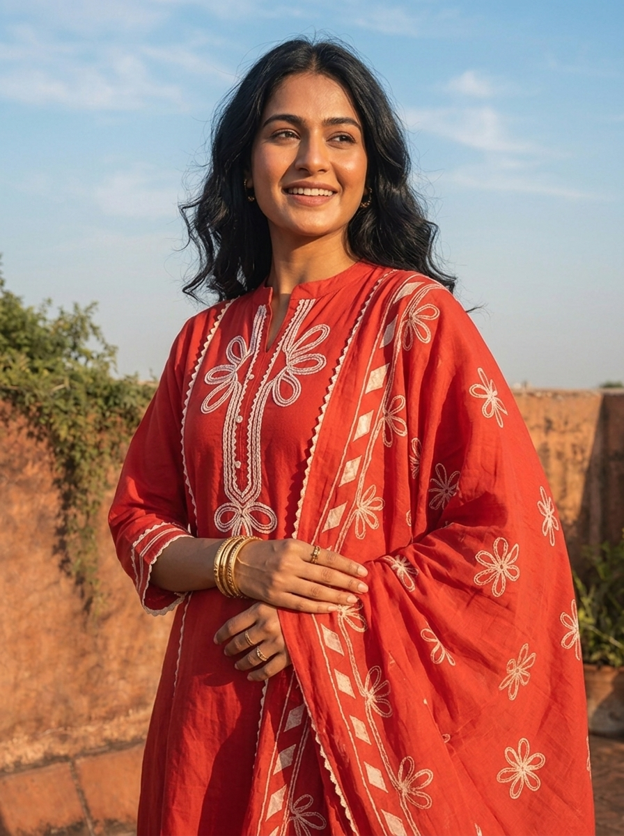 Red Cotton Dori Embroidered Three Piece Set
