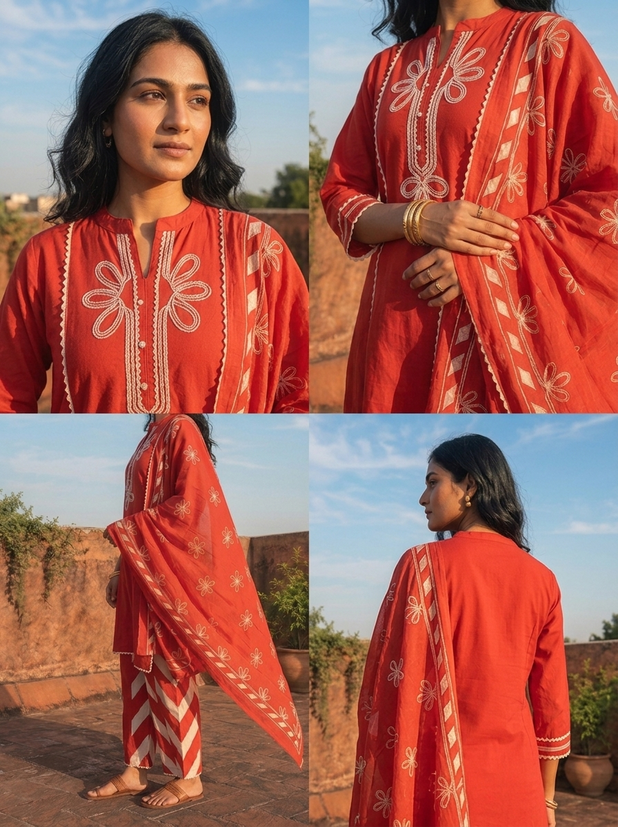Red Cotton Dori Embroidered Three Piece Set