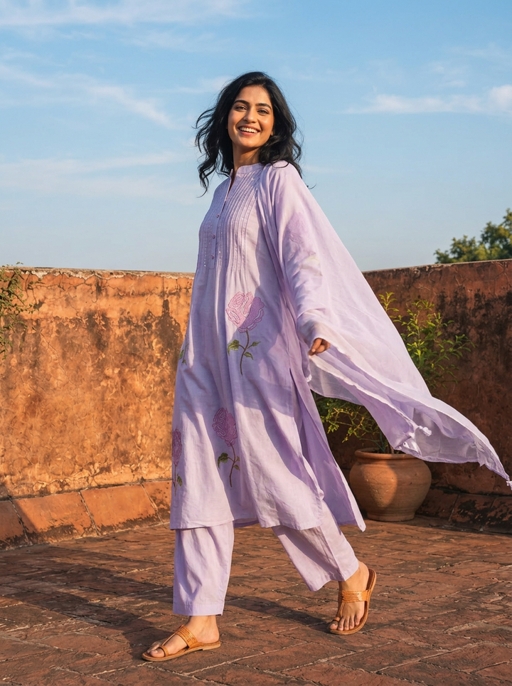 Lavender Cotton Rose Motifs Embroidered Three Piece Set