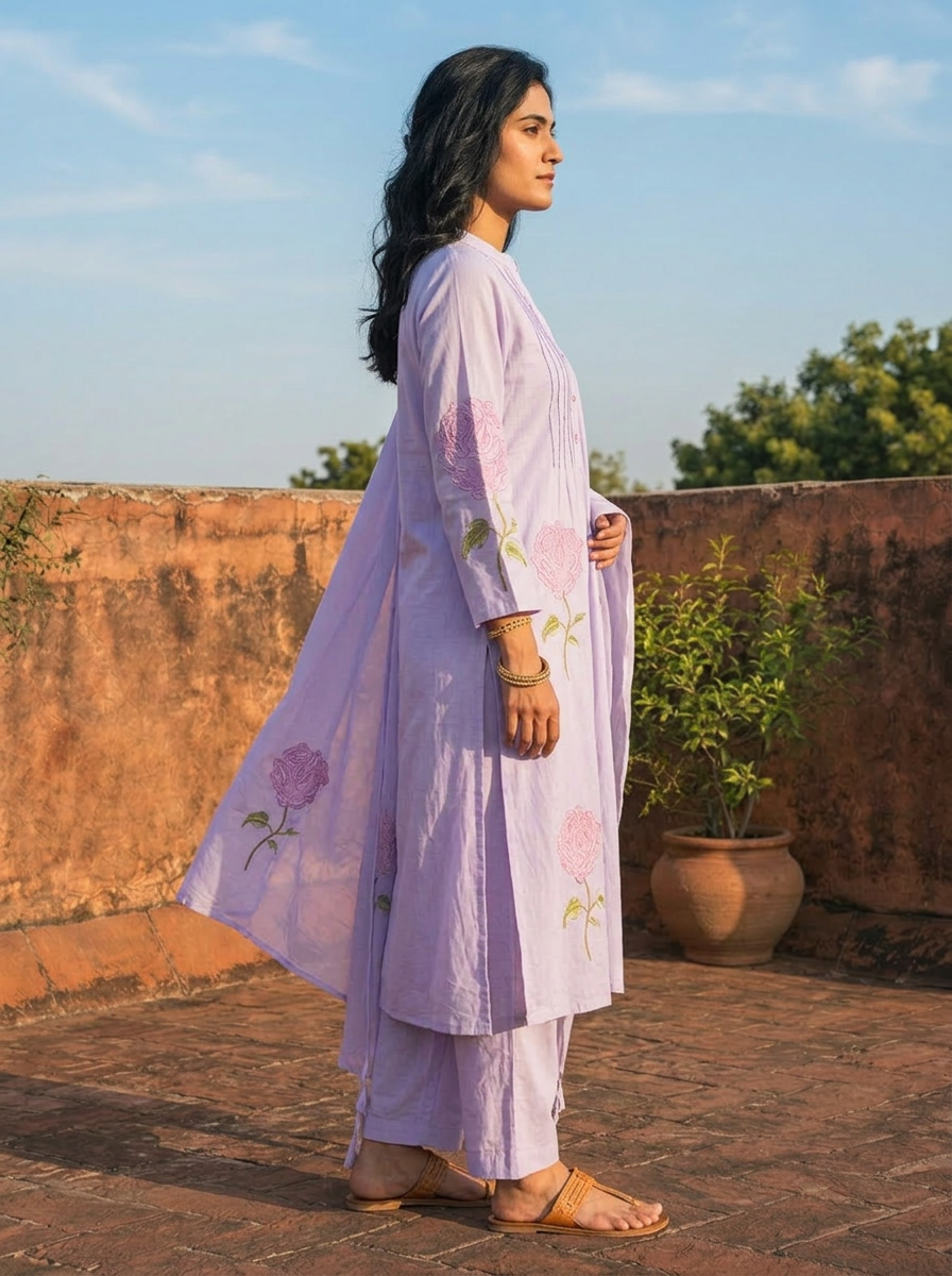 Lavender Cotton Rose Motifs Embroidered Three Piece Set
