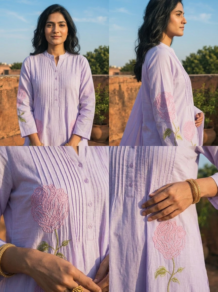 Lavender Cotton Rose Motifs Embroidered Three Piece Set