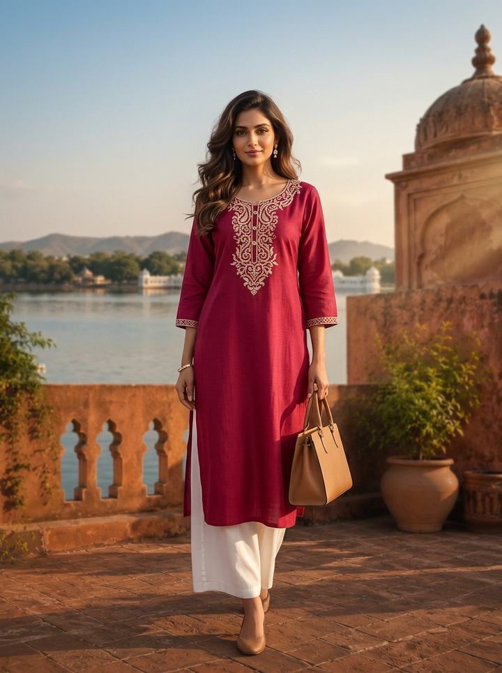 Magenta Rayon Intricate paisley Thread Embroidered Kurta