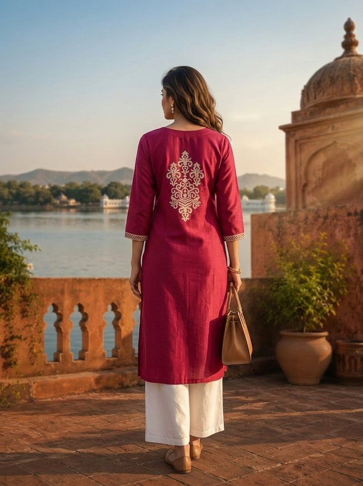 Magenta Rayon Intricate paisley Thread Embroidered Kurta
