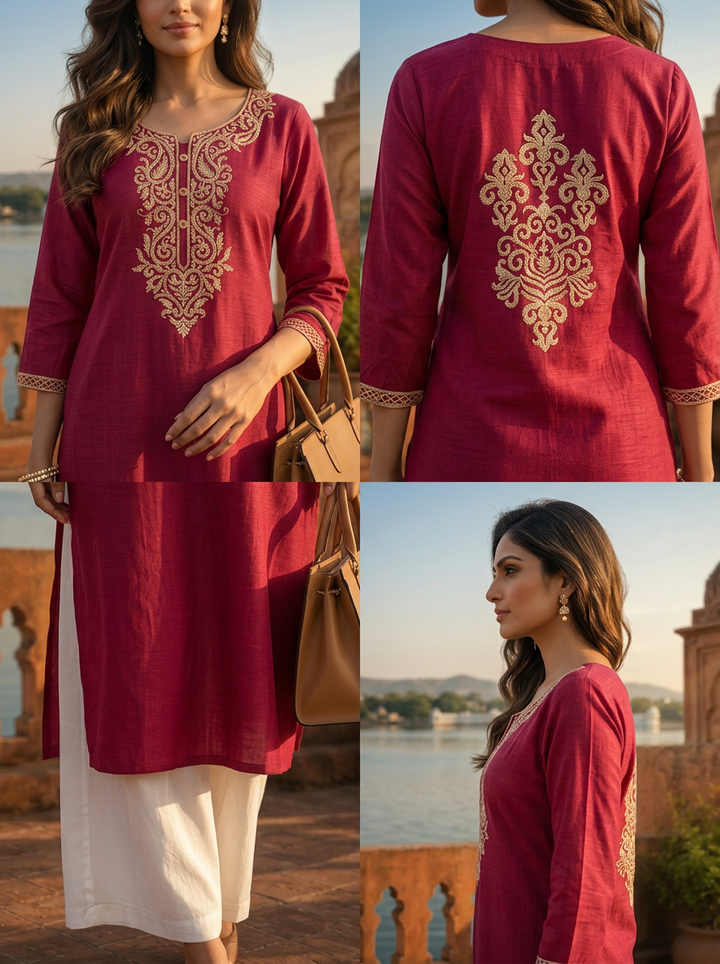 Magenta Rayon Intricate paisley Thread Embroidered Kurta