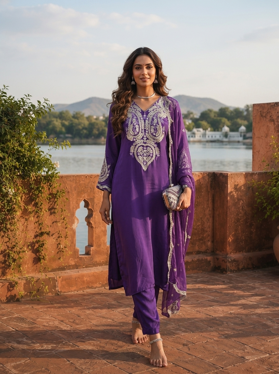 Purple Crepe Gota Patti Embroidered Three Piece Set