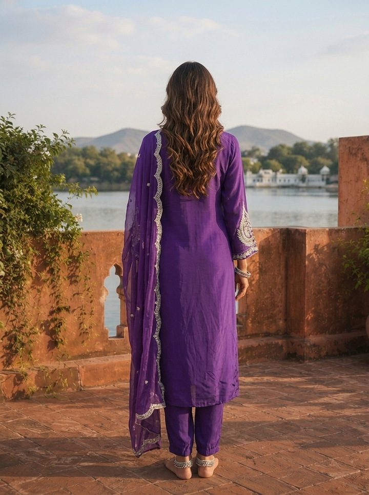 Purple Crepe Gota Patti Embroidered Three Piece Set