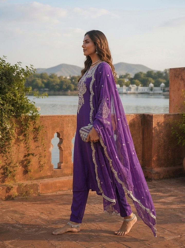 Purple Crepe Gota Patti Embroidered Three Piece Set