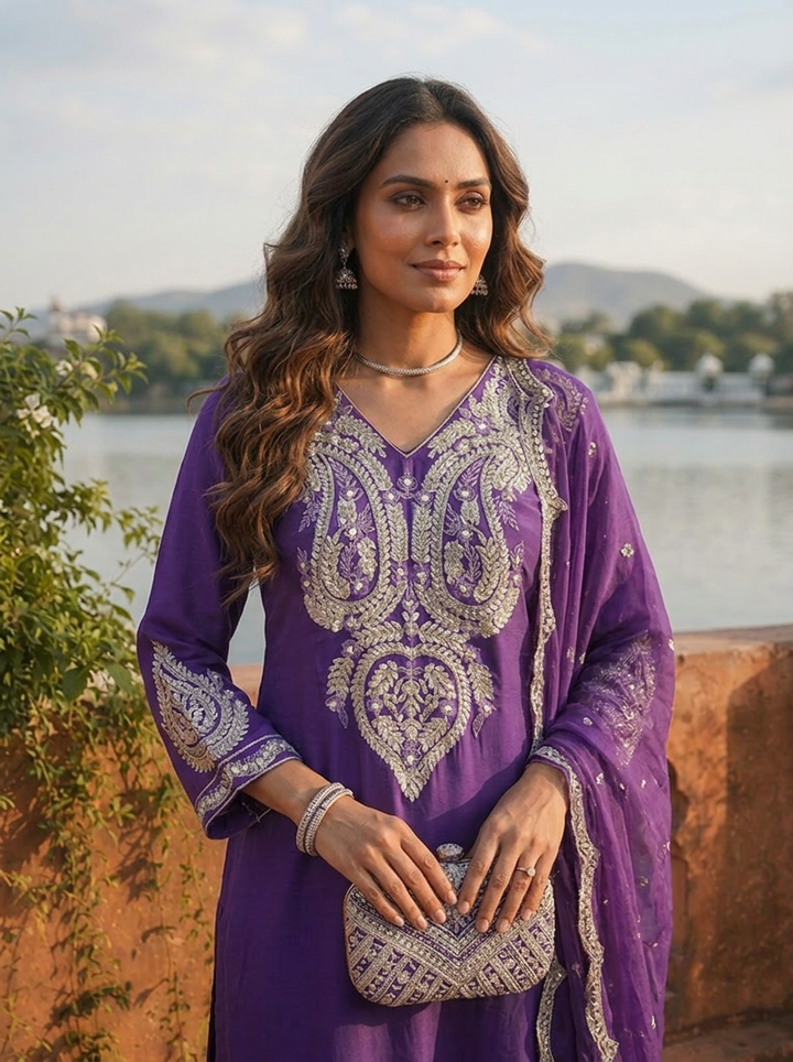 Purple Crepe Gota Patti Embroidered Three Piece Set