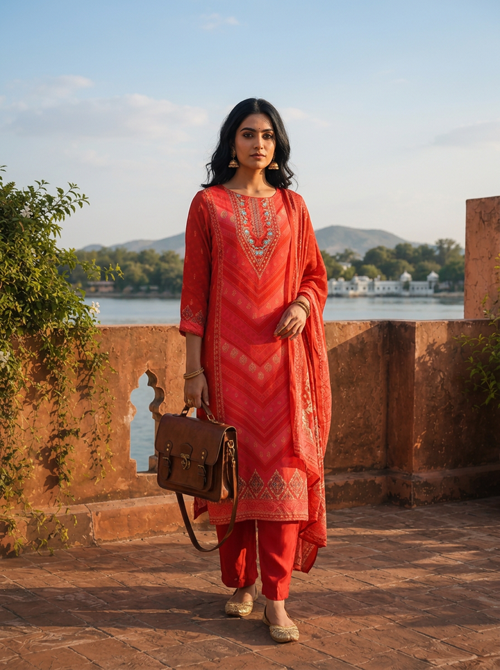 Red Crepe Zig-Zag Bandhani Printed Three Piece Set