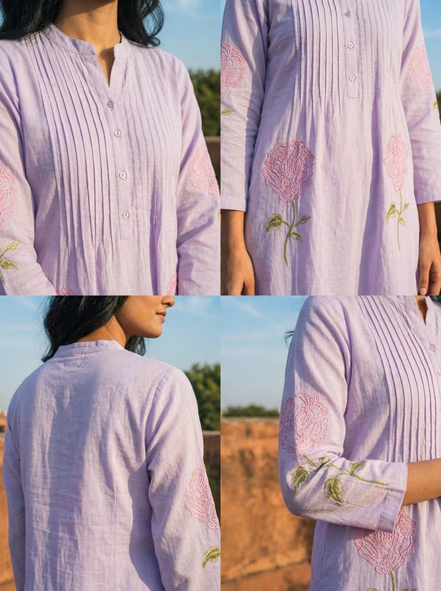 Lavender Cotton Rose Motifs Embroidered Three Piece Set