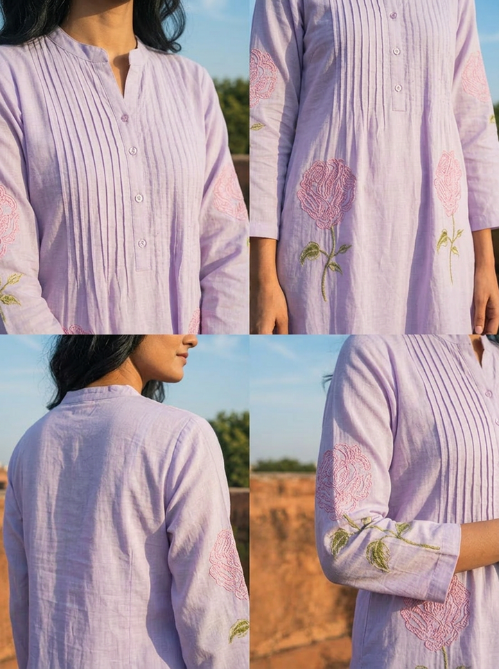 Lavender Cotton Rose Motifs Embroidered Three Piece Set