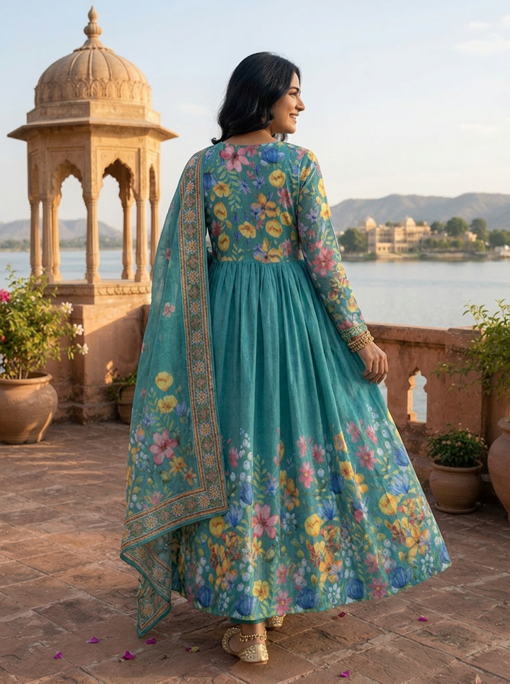 Sea Green Georgette Digital Ditsy Floral Printed Three Piece Set
