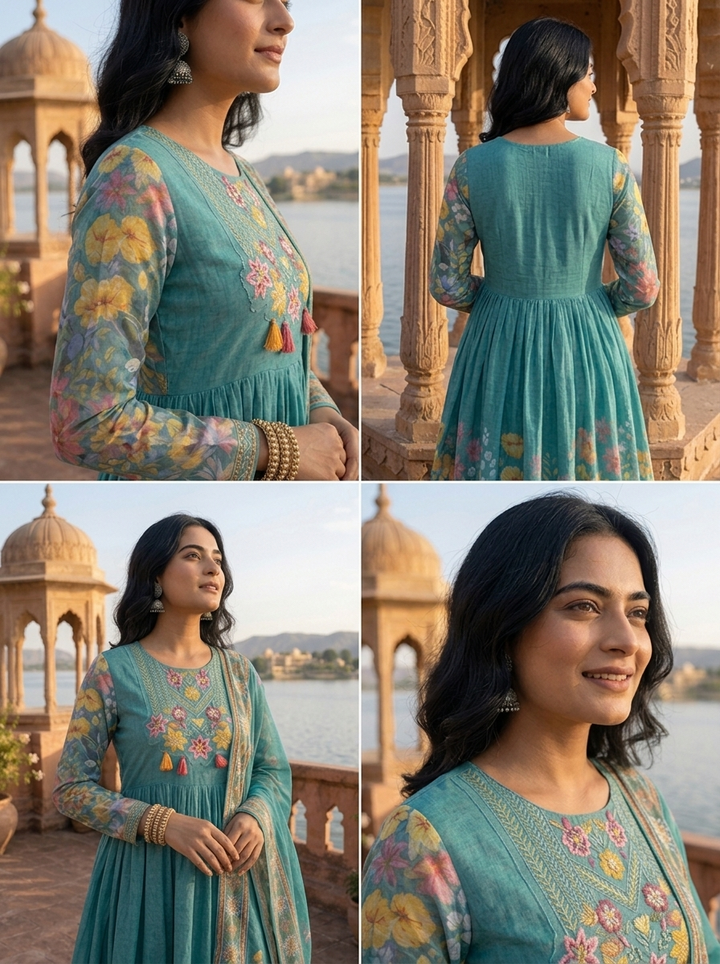 Sea Green Georgette Digital Ditsy Floral Printed Three Piece Set