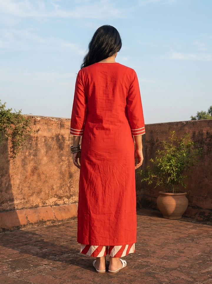 Red Cotton Dori Embroidered Three Piece Set